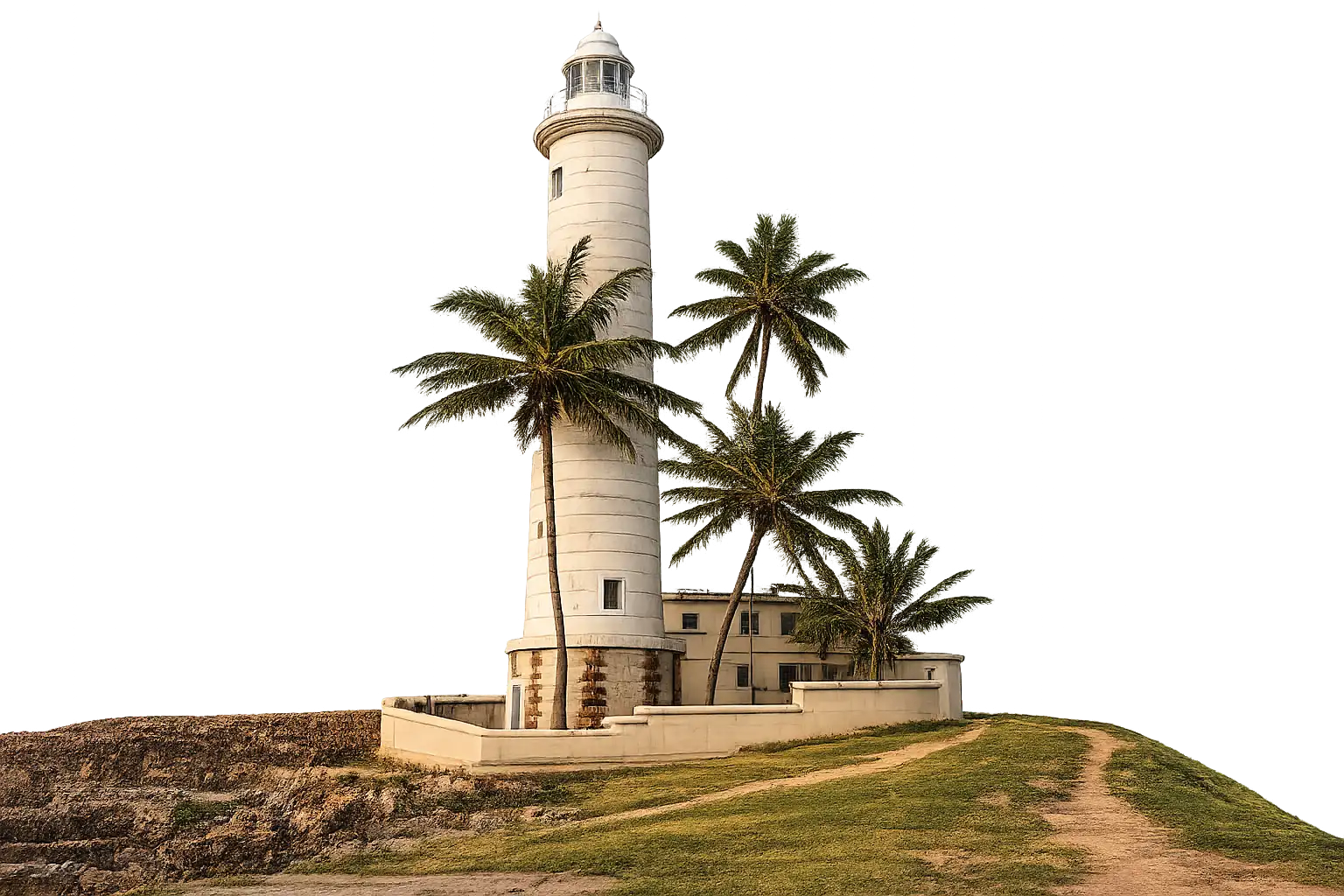 Galle Fort lighthouse with palm trees